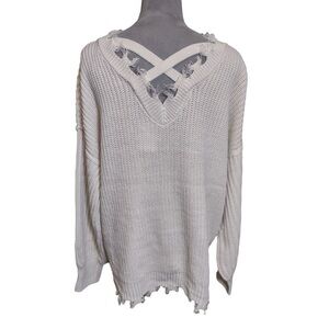 Rue21 Cream women's oversized, distressed V-neck knit sweater